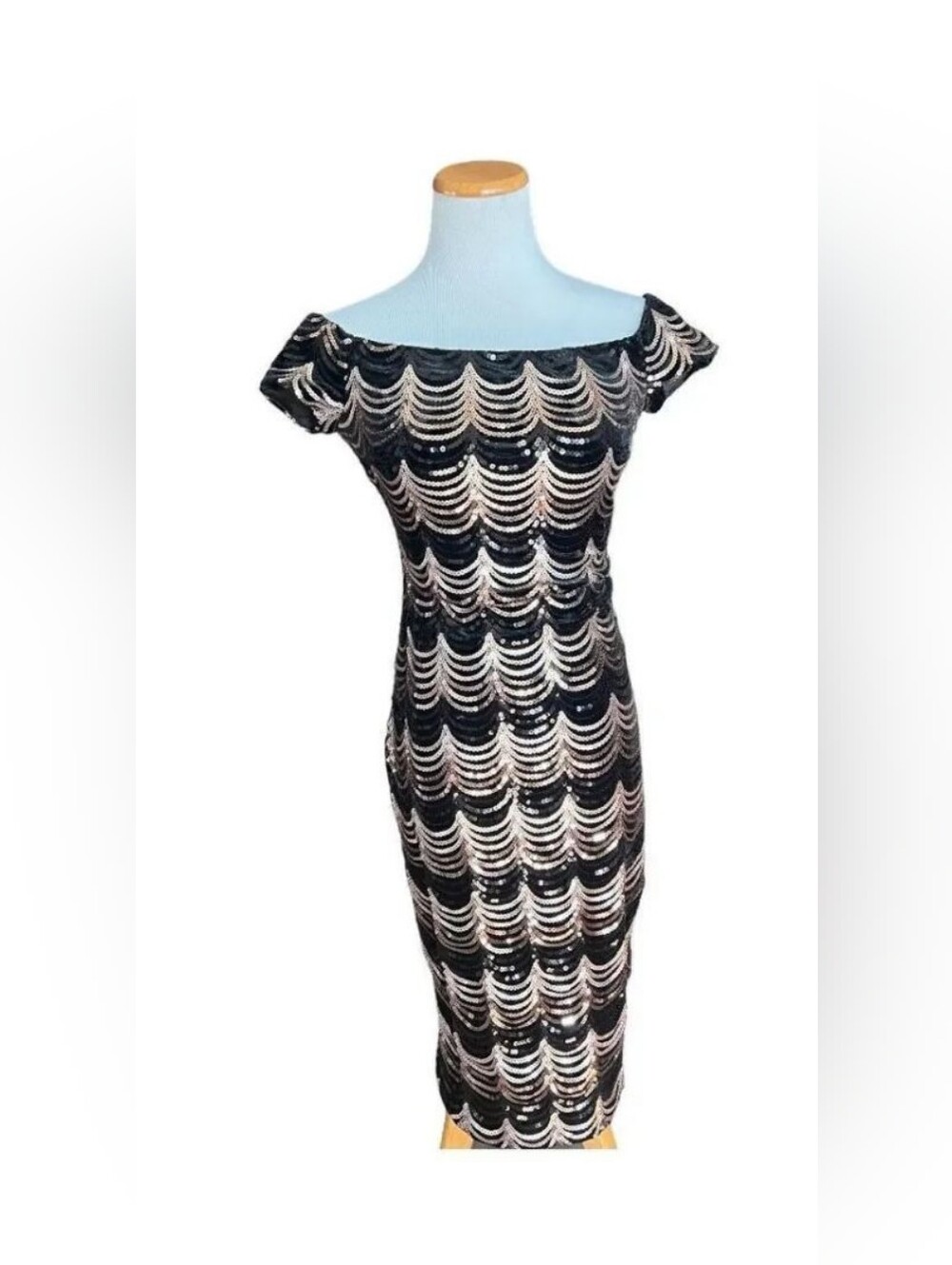 Sequin Off-Shoulder Midi Dress in Black and Silver